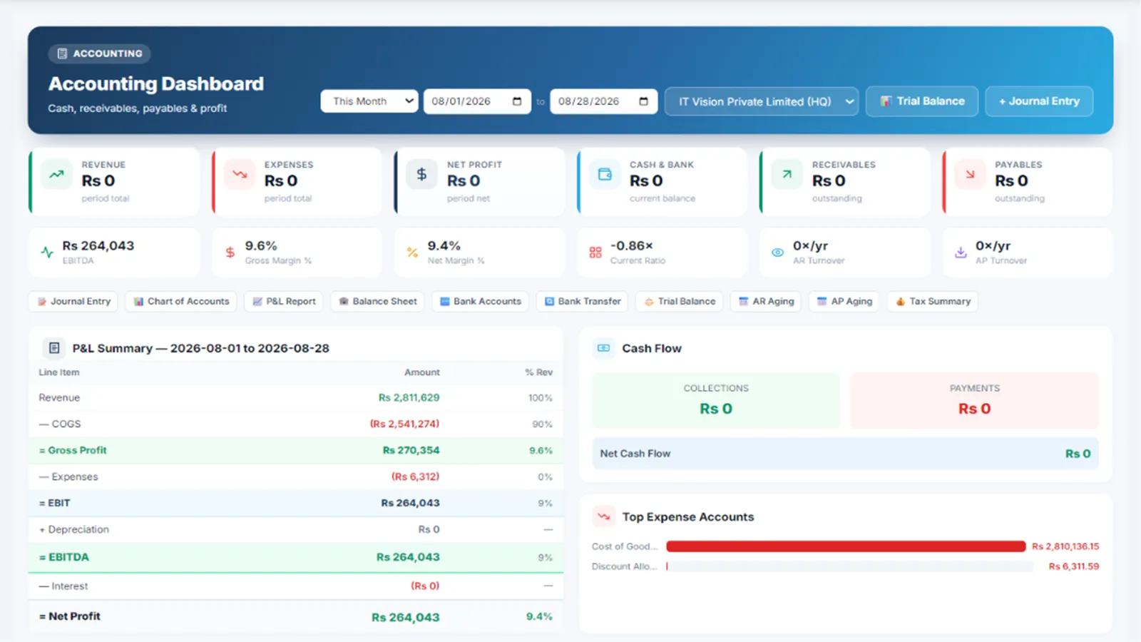 iCargos accounting dashboard — financial KPIs, P&L summary and cash flow